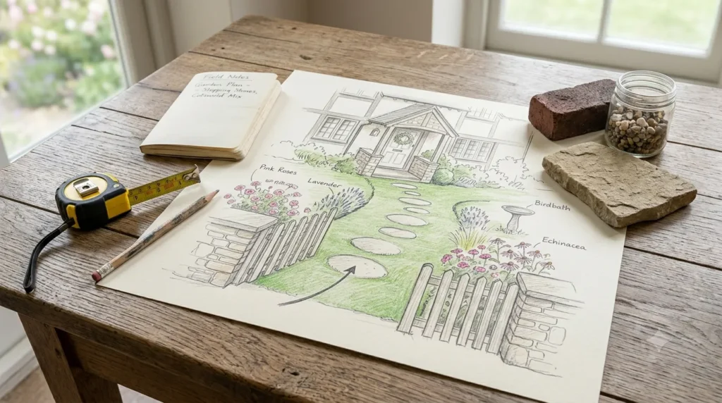 Paved pathway ideas from gate to front door – large round stepping stones set into lawn leading to a white front door with wreath.