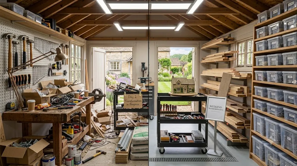 Workshop shed design and layout ideas – step 5 weekend transformation from cluttered shed to organized workshop.