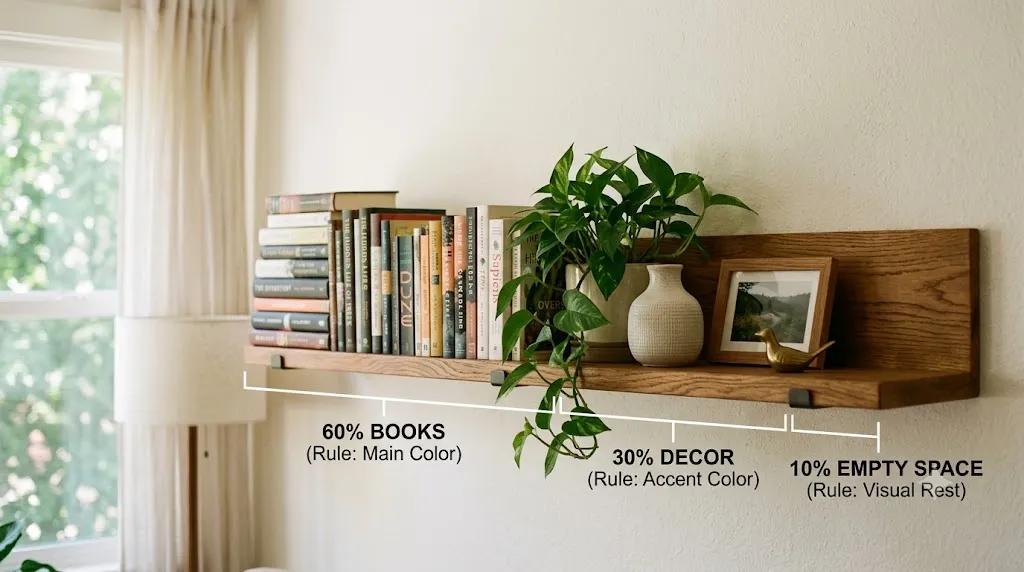 Home office bookshelf styling for video calls – 60-30-10 rule: 60% books, 30% decor, 10% empty space.