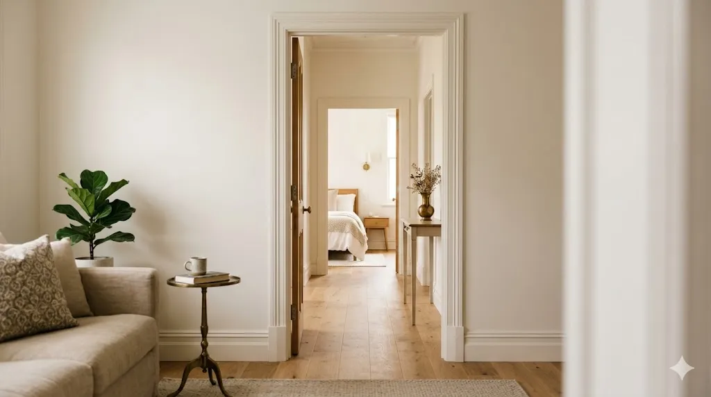 How to create a cohesive interior style across every room – step 5: visual sightlines with consistent wall color and flooring from living room to hallway to bedroom.