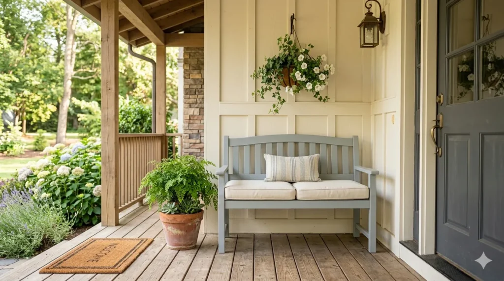 How to design a welcoming front porch from scratch – step 5: a comfortable wooden bench with cushions for seating.