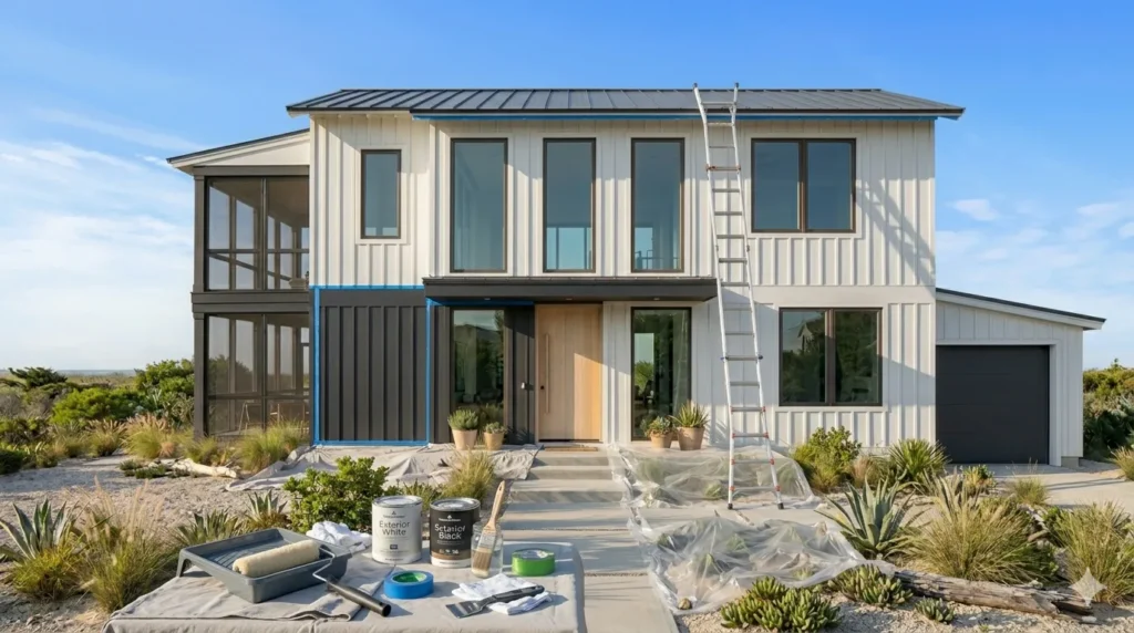 Two-tone exterior paint ideas for modern homes – step 5: painting preparation with roller, tape, drop cloths, and ladder.
