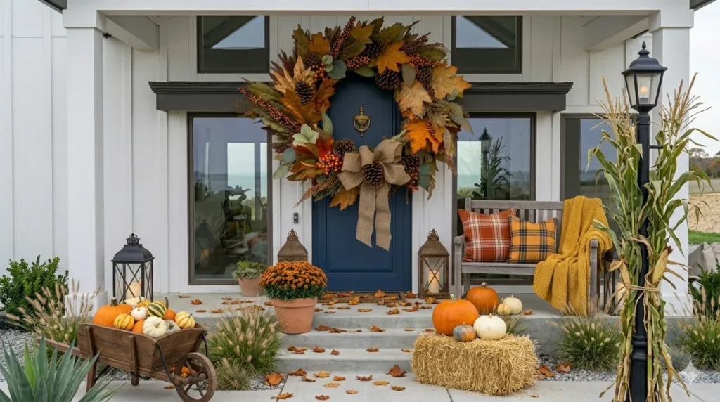How to decorate your exterior for autumn – step 5: natural elements with hay bale, corn stalks, mums, and scattered leaves.