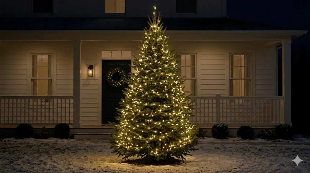Christmas exterior lighting ideas that look elegant – step 5: a single evergreen tree wrapped with warm white lights as a focal point.