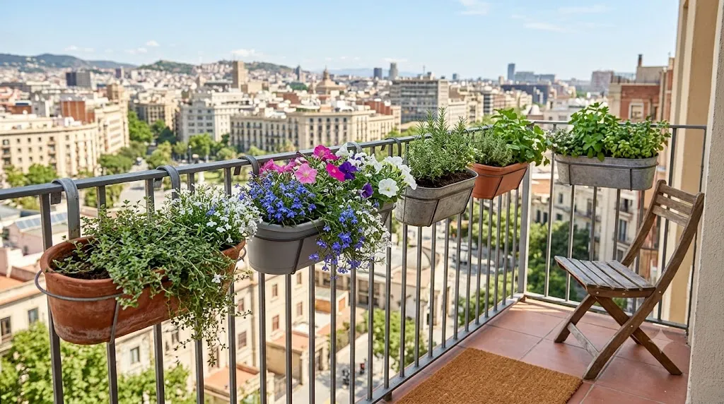 Vertical garden wall ideas for small spaces – balcony rail garden with hook-on planters and trailing flowers.