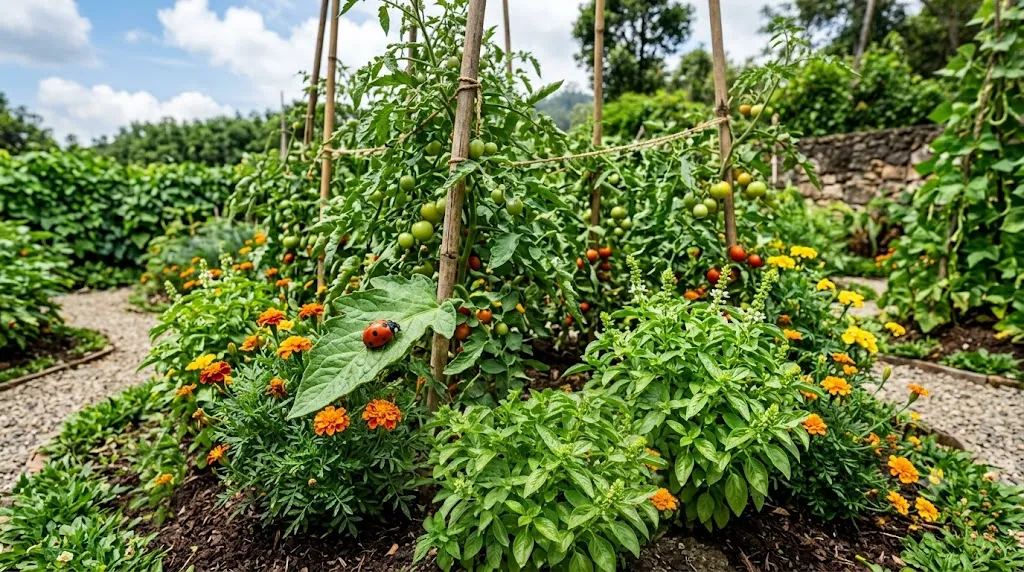 How to garden without pesticides or chemicals – step 4 companion planting with tomatoes, marigolds, and basil for natural pest control.