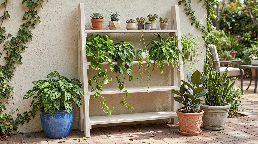 Vertical garden wall ideas for small spaces – ladder-style plant display with succulents, trailing plants, and larger pots on tiers.
