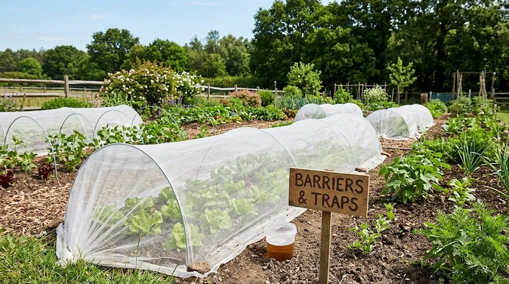 How to garden without pesticides or chemicals – step 4 physical barriers like row covers and slug traps for natural pest control.