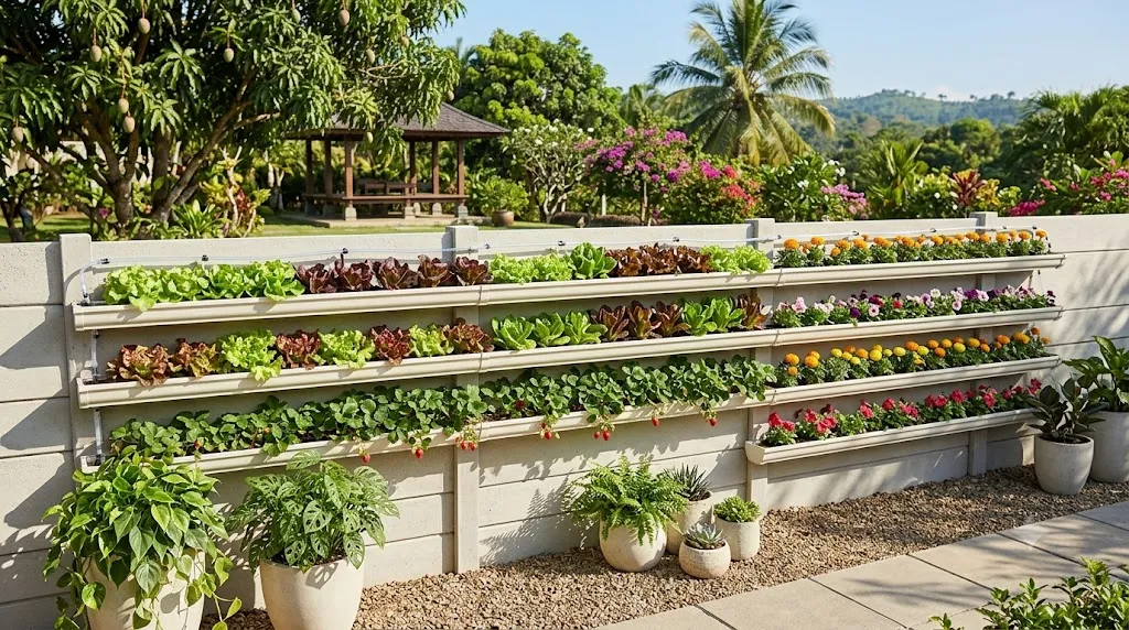 Vertical garden wall ideas for small spaces – linear gutter planter with lettuce, strawberries, and annuals.