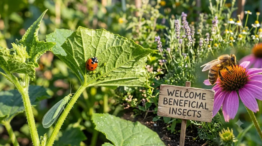 How to garden without pesticides or chemicals – step 4 beneficial insects like ladybugs and lacewings for natural pest control.