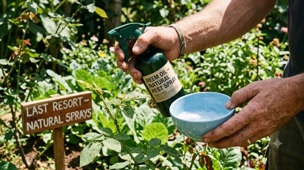 How to garden without pesticides or chemicals – step 4 neem oil spray and soapy water as natural pest control last resort.