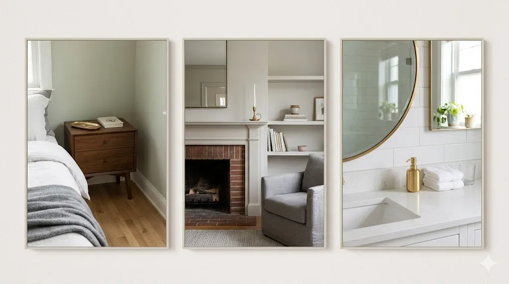 Generate a vertical (2:3) realistic photograph of the three vignettes stacked vertically, each with the brass object highlighted. Aspect ratio 2:3.
