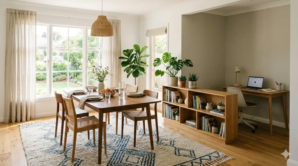 How to design a dining room that works for everyday and entertaining – step 6: zoning with rug and bookshelf to separate dining and workspace.
