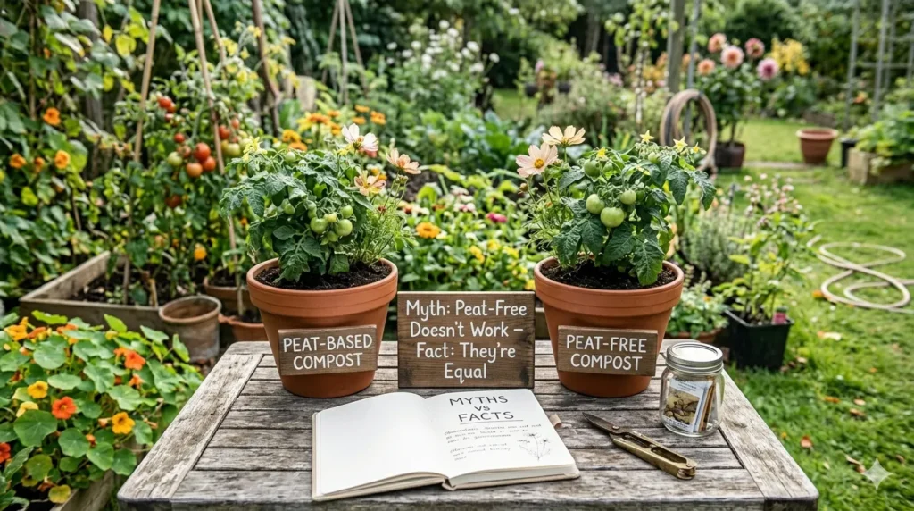 Peat-free gardening alternatives and benefits – step 6 myth-busting comparison showing healthy plants in both peat and peat-free composts.