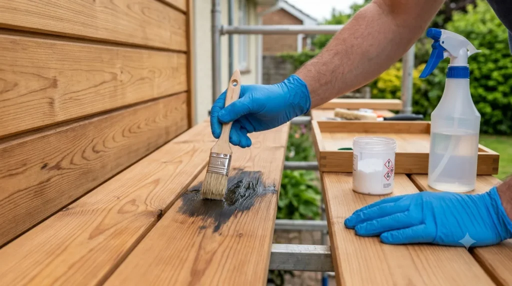 Wood cladding maintenance – hands applying oxalic acid solution to remove dark stains from cedar cladding.