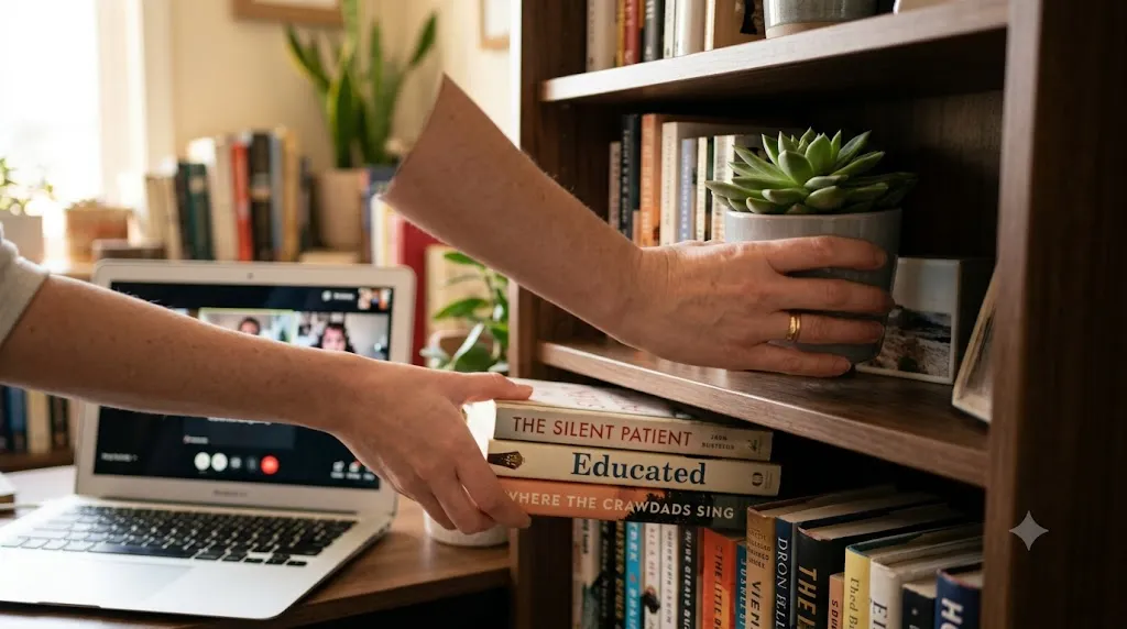 Home office bookshelf styling for video calls – quick wins: hands tidying bookshelf before a video call.