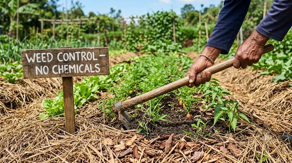How to garden without pesticides or chemicals – step 5 chemical-free weed control with hoeing and mulch