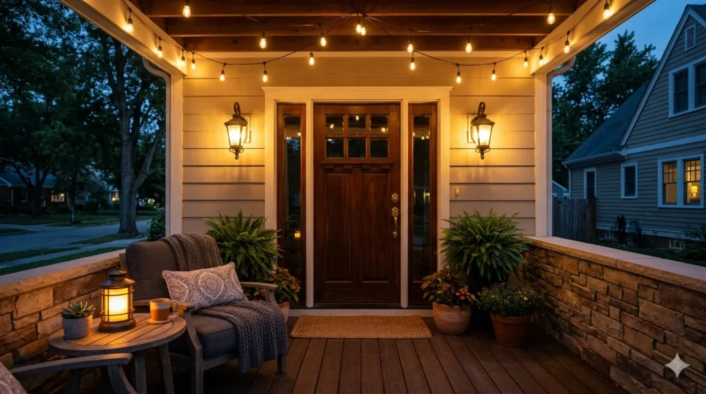 How to design a welcoming front porch from scratch – step 6: layered lighting with wall sconces and string lights at dusk.