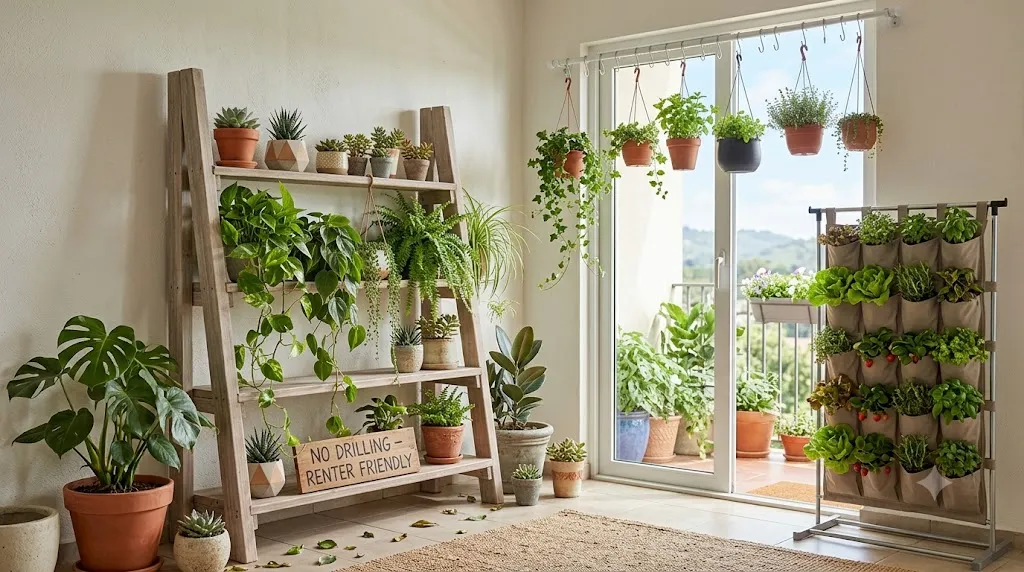 Vertical garden wall ideas for small spaces – renter-friendly solutions: ladder shelf, hanging rail, and freestanding pocket panel.