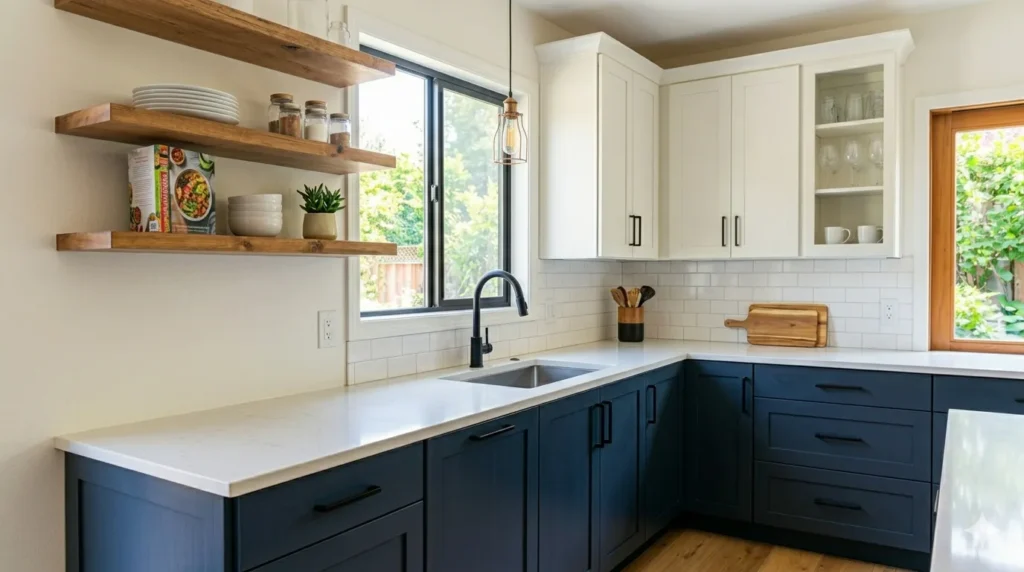10 kitchen makeover ideas under $1,000 – step 6: adding open wooden floating shelves with dishes and a plant.