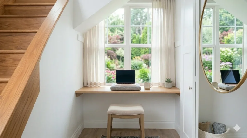 Home office in a small space: creative solutions– step 6: deep window sill used as a laptop desk with natural light and a stool.