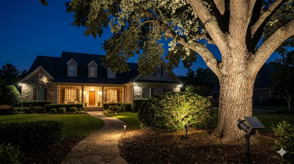 Best solar-powered exterior lights – step 5 solar string lights draped over a pergola with a dining table below at dusk.