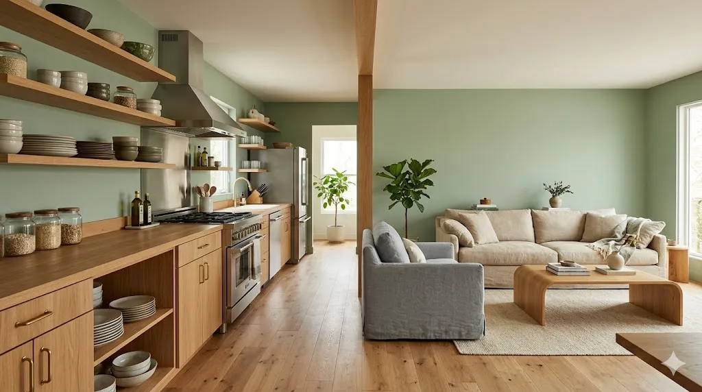 How to create a cohesive interior style across every room – step 7: 80% consistent (sage, oak, brass) with 20% personality (kitchen vs living room).