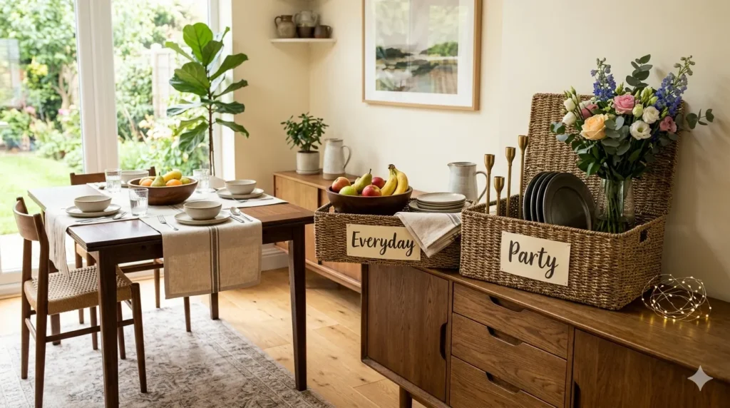 How to design a dining room that works for everyday and entertaining – step 7: decor swaps stored in labeled baskets for everyday vs. party.