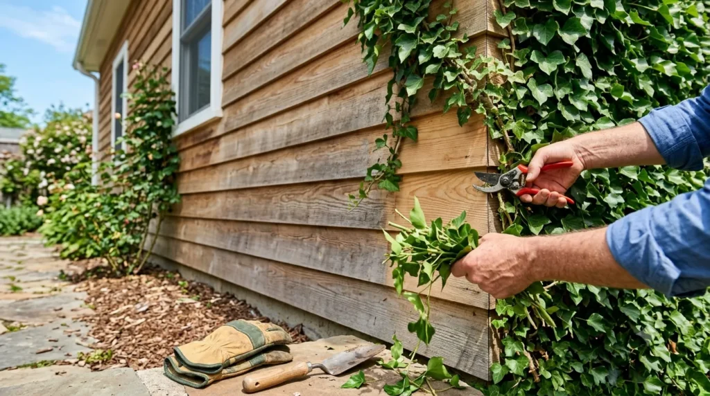 Wood cladding maintenance – hands pruning overgrown ivy away from wood cladding to prevent moisture damage.
