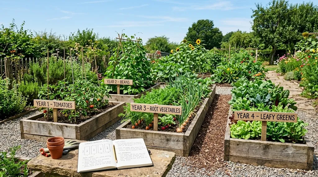 How to garden without pesticides or chemicals – step 6 crop rotation with four raised beds for tomatoes, beans, roots, and leafy greens.