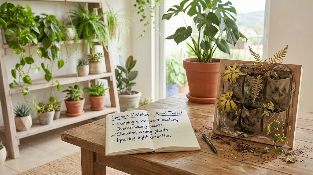 Vertical garden wall ideas for small spaces – common mistakes to avoid: skipping waterproof backing, overcrowding, wrong plants, ignoring light direction.