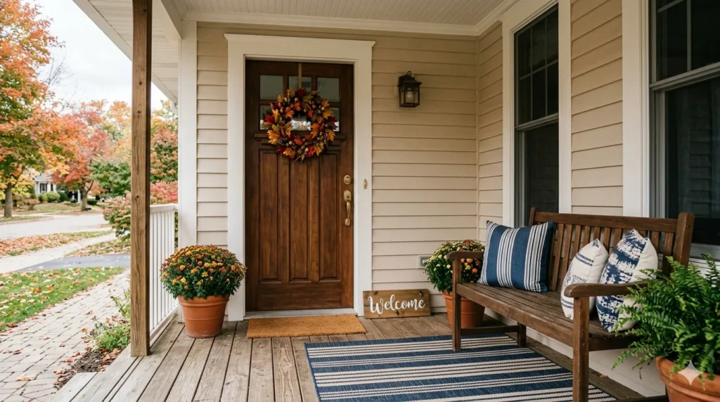 How to design a welcoming front porch from scratch – step 7: personalizing with textiles, wreath, and welcome sign.