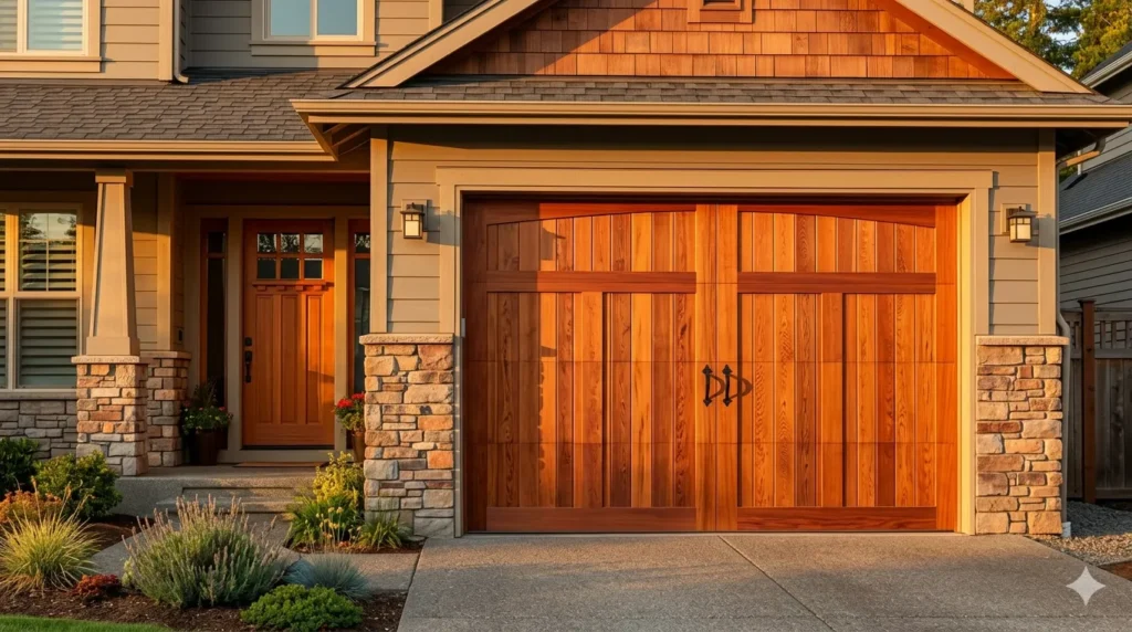 Garage door styles that transform your home's facade – finishing touches: navy blue color, horizontal windows, and black strap hinges.