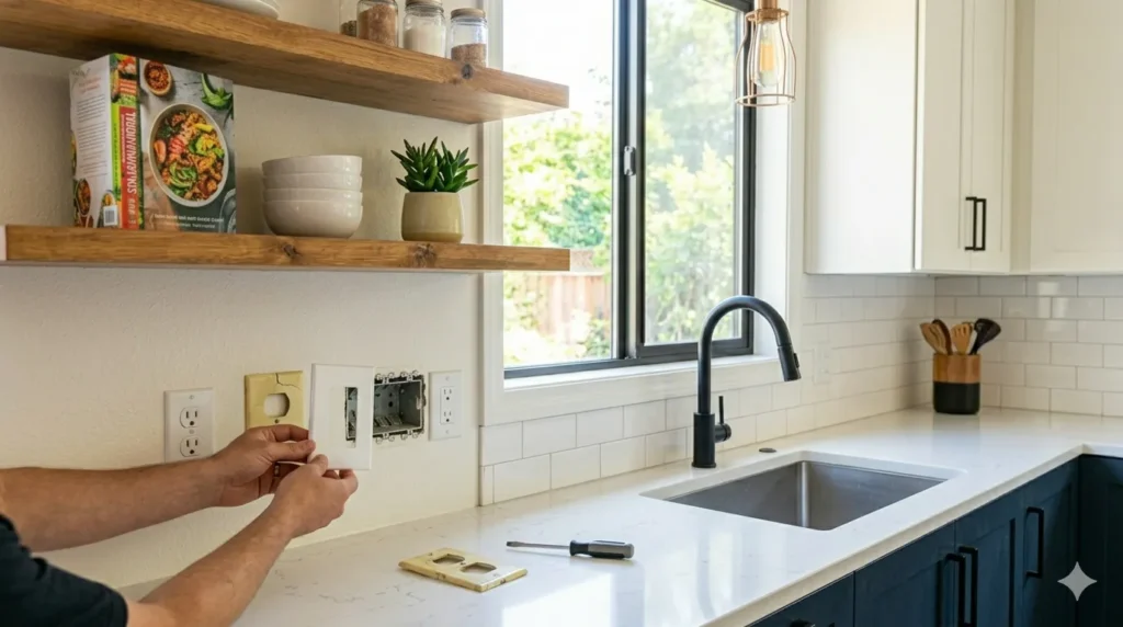 10 kitchen makeover ideas under $1,000 – step 7: replacing yellowed outlet covers with new screwless white plates.