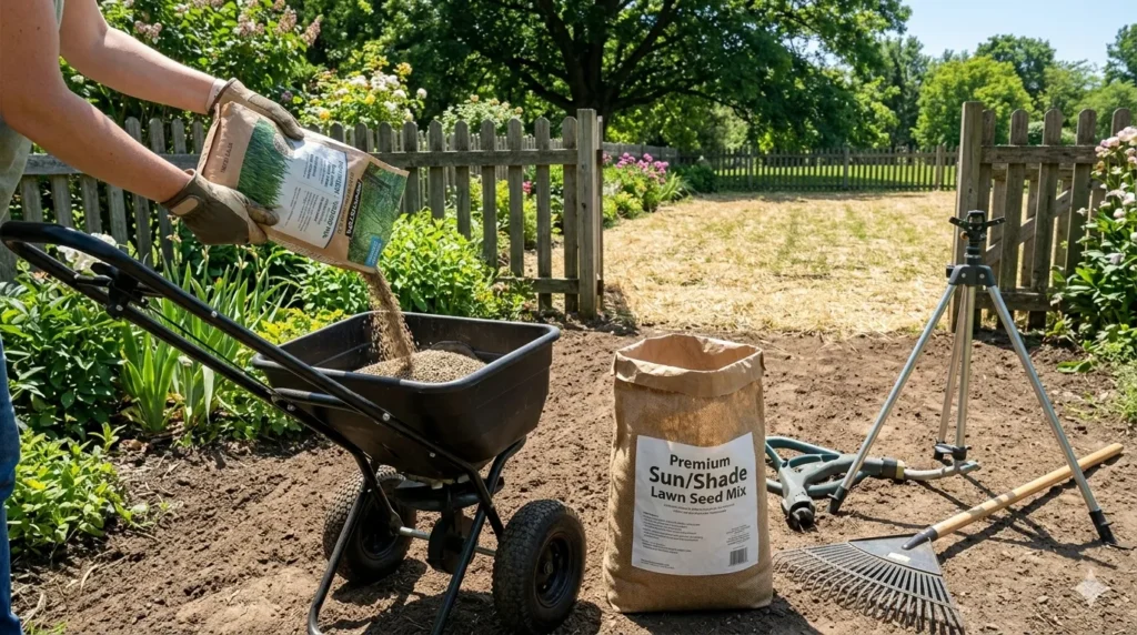 Best grass seed types for shade and sun – step 7 seeding tips with broadcast spreader, seed bag, rake, and sprinkler ready for planting.