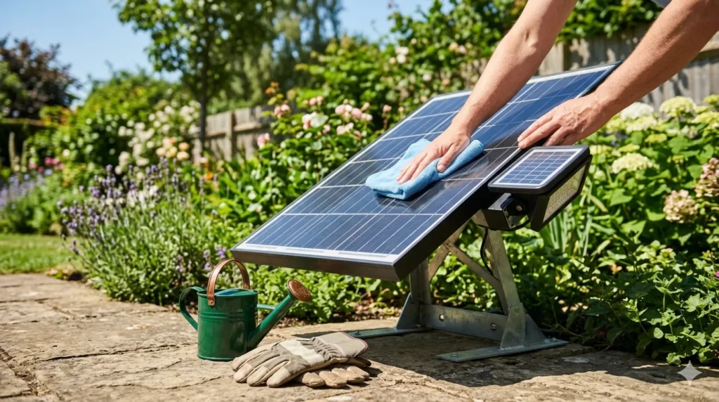 Best solar-powered exterior lights – step 7 solar deck lights illuminating steps and railing at dusk.
