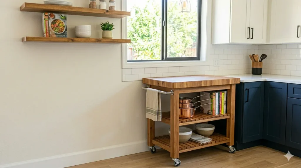 10 kitchen makeover ideas under $1,000 – step 8: adding a butcher block rolling cart for extra storage and prep space.