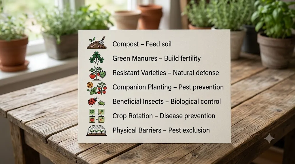 How to garden without pesticides or chemicals – quick reference guide with compost, green manures, resistant varieties, companion planting, beneficial insects, crop rotation, and physical barriers.