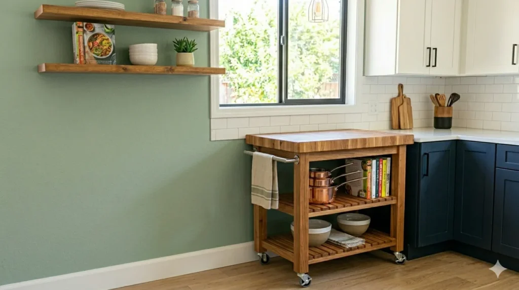 10 kitchen makeover ideas under $1,000 – step 9: painting an accent wall sage green behind open shelving.