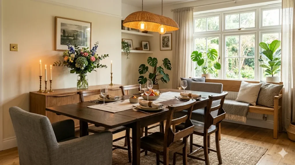 How to design a dining room that works for everyday and entertaining β featured image with extendable table, mixed seating, sideboard, and warm lighting.