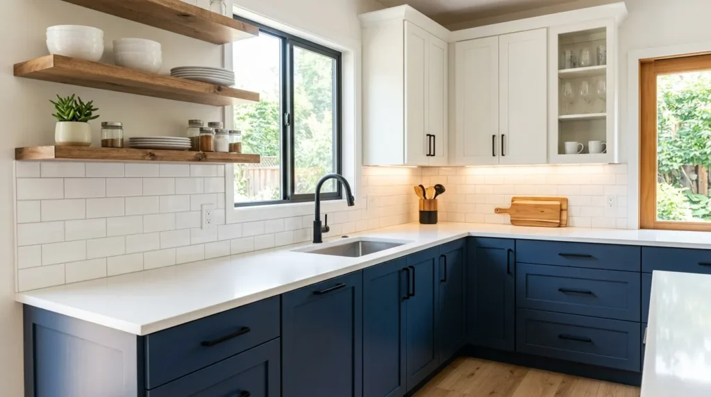 10 kitchen makeover ideas under 1000 β featured image of a budget kitchen with navy lower cabinets, white uppers, black hardware, subway backsplash, and open shelves.
