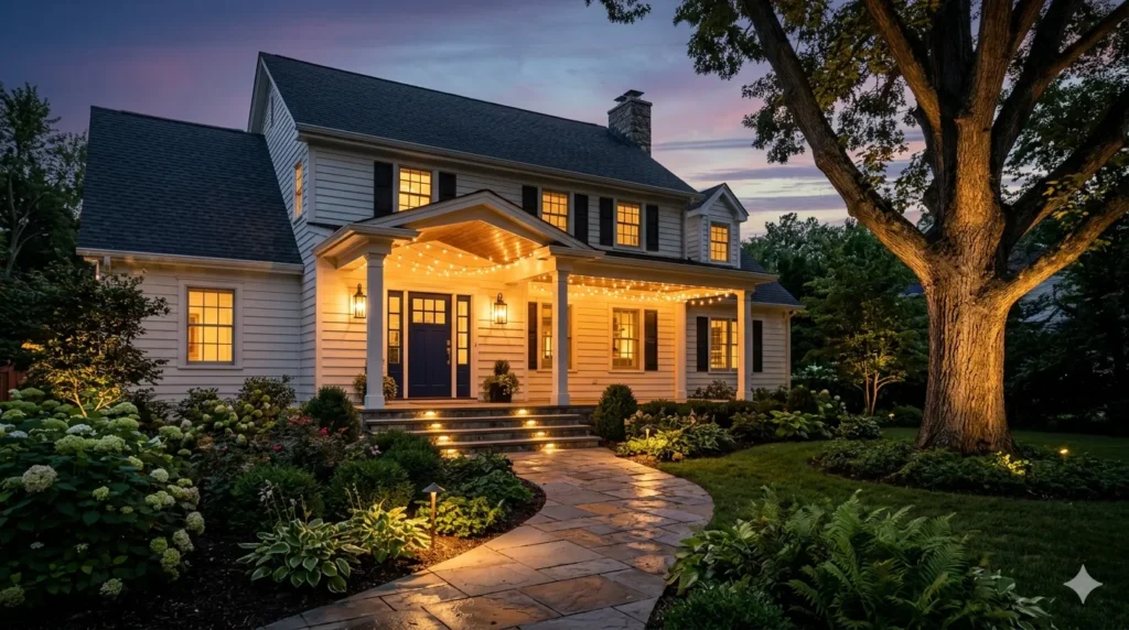 Exterior lighting ideas that boost curb appeal at night – featured image of a home with path lights, sconces, uplights, step lights, and string lights.