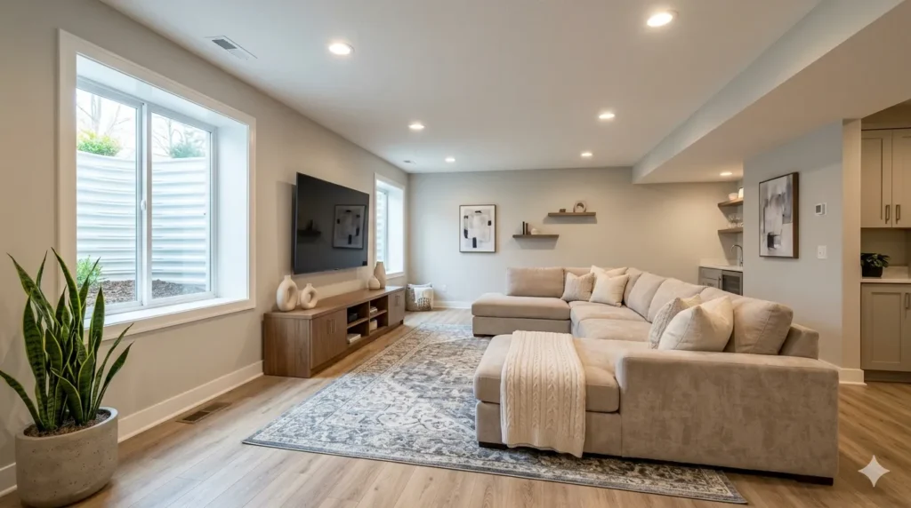 How to convert a basement into a living space β featured image of a finished basement with seating, TV, rug, plant, and egress window.