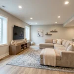 How to convert a basement into a living space – featured image of a finished basement with seating, TV, rug, plant, and egress window.