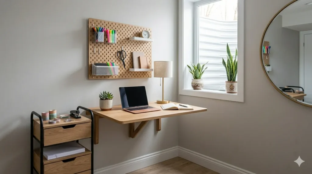 Home office in a small space creative solutions β featured image of a compact office with drop-leaf desk, pegboard, and rolling cart.