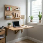 Home office in a small space creative solutions – featured image of a compact office with drop-leaf desk, pegboard, and rolling cart.