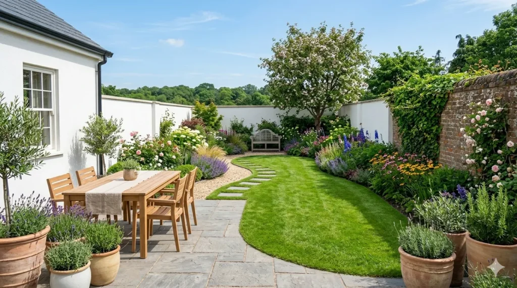 Garden layout ideas for rectangular plots – featured image of a long narrow yard divided into patio, lawn, and garden zones.