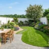 Garden layout ideas for rectangular plots – featured image of a long narrow yard divided into patio, lawn, and garden zones.