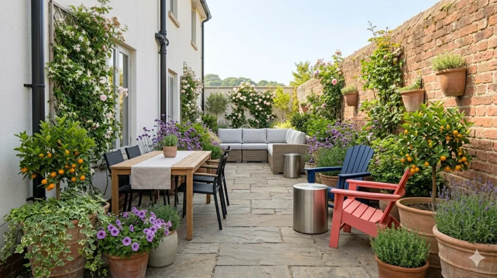 Best outdoor furniture materials for all weather β featured image of teak, aluminum, resin wicker, stainless steel, and recycled plastic on a patio.