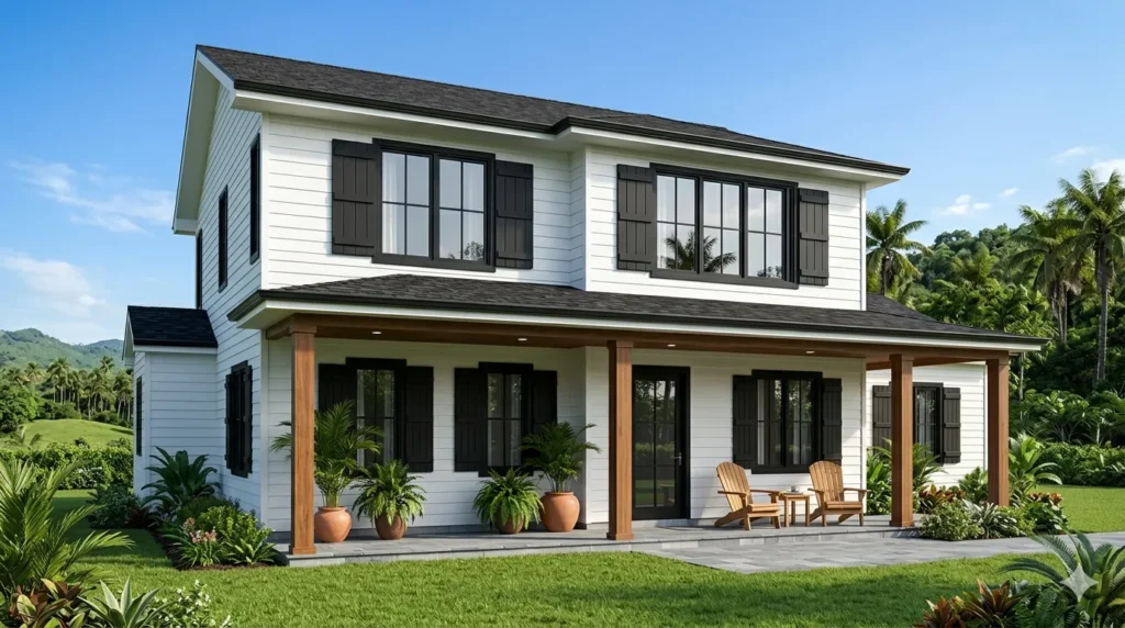 Shutters on modern homes do they still work – featured image of a modern farmhouse with properly fitted matte black board-and-batten shutters.Shutters on Modern Homes: Do They Still Work?